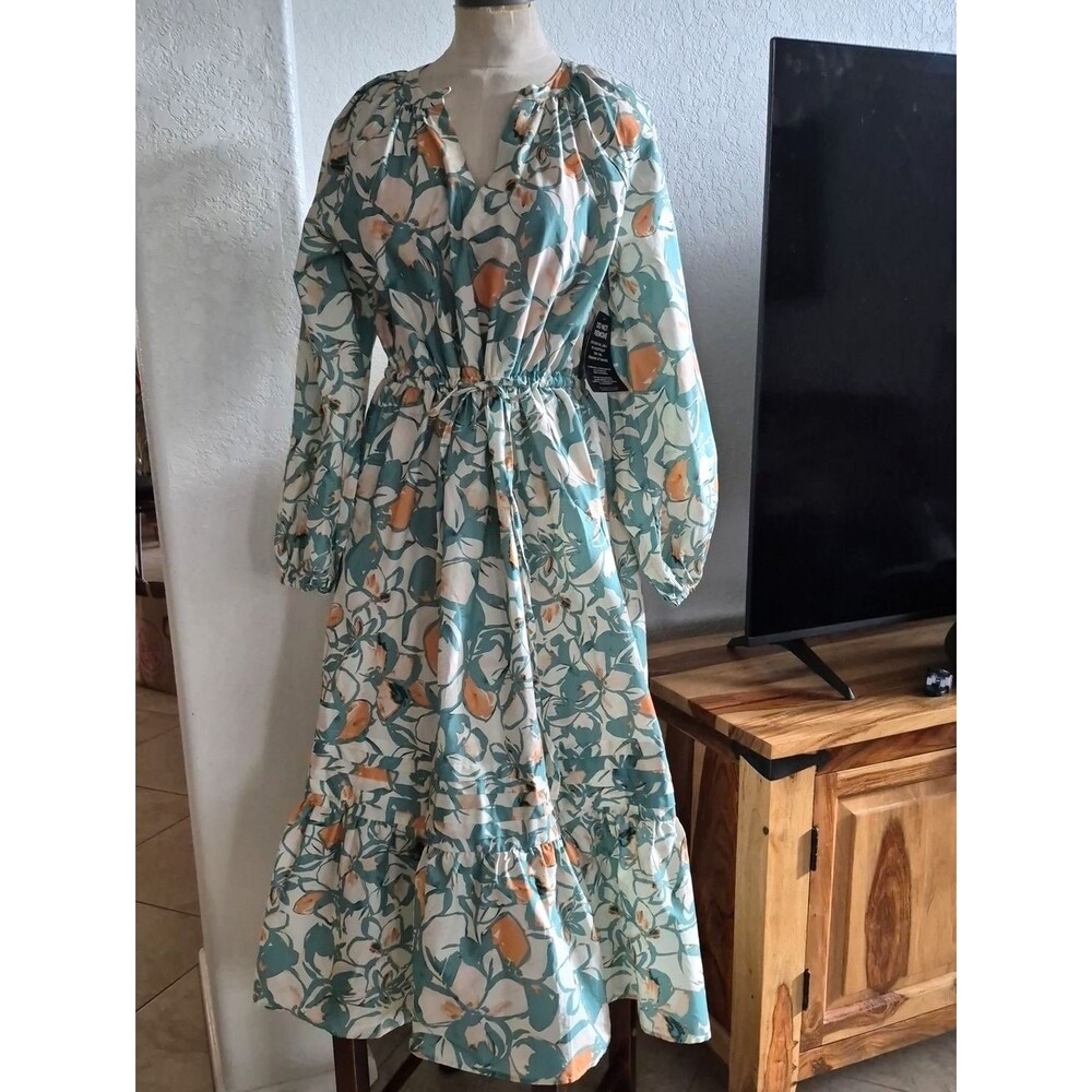 June + Vie Reglan Puff Sleeve Floral Maxi Cotton Dress Sz 10/12 -Large